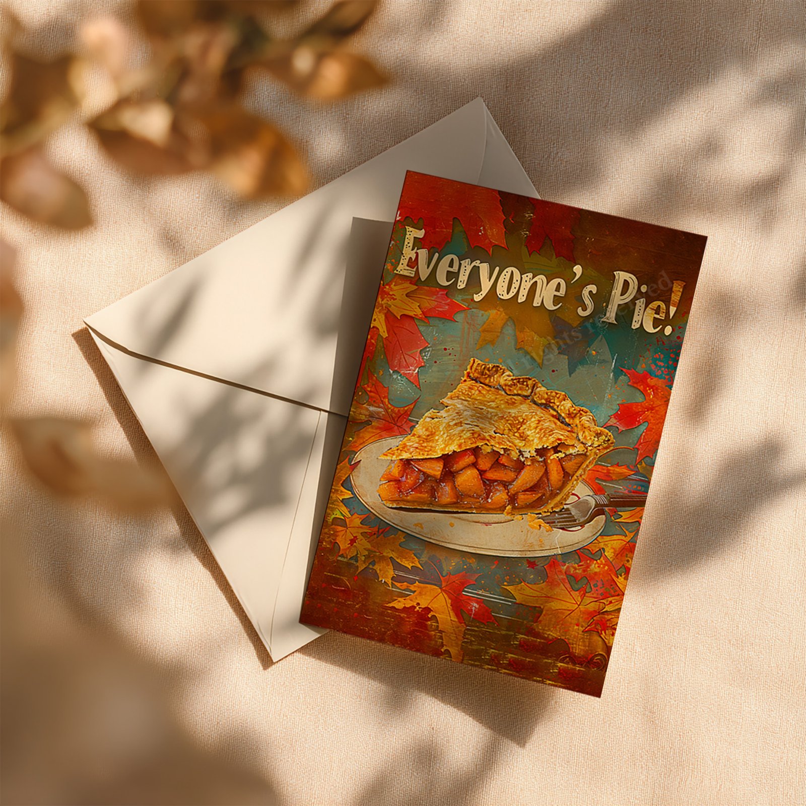 Greeting card featuring Retro Apple Pie Kitchen Art design of an apple pie slice and leaves, resting on a beige envelope with soft light.