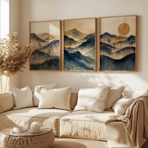 Cozy living room with beige sofas and cushions, three framed Minimalist Japanese Landscape Art mountain paintings above in soft sunlight.