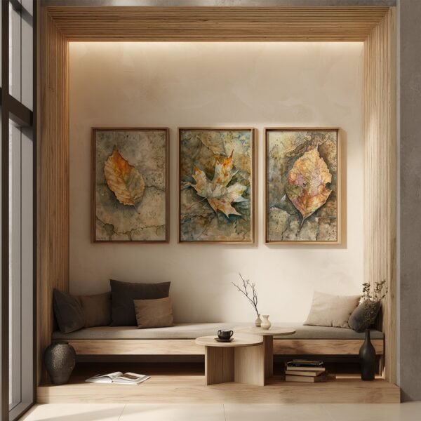 Cozy nook with wooden bench, cushions, vases, books, and cup. Three framed Wabi-sabi Leaf Art leaf paintings in warm light.