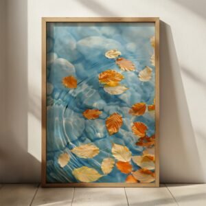 Framed Japandi Wall Art Autumn of golden leaves floating on blue water, sunlit wall casting gentle shadows.