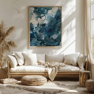 Beige sofa, woven pouf, and rustic decor beneath a framed Japanese Art Mystical Crane painting in calming blue tones.