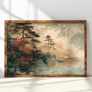 Framed Japandi Autumn Wall Art depicting tall pine trees in mist with red foliage, muted tones creating tranquility.