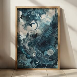 Framed Japanese Art Mystical Crane depicting a heron in swirling clouds and flowers, intricate blue tones balancing motion and serenity.