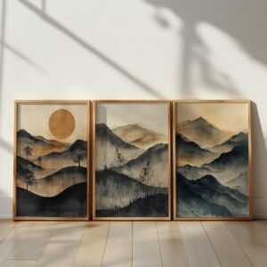 Three framed Minimalist Japanese Landscape Art watercolor paintings of misty mountains and trees displayed on a sunlit wooden floor.