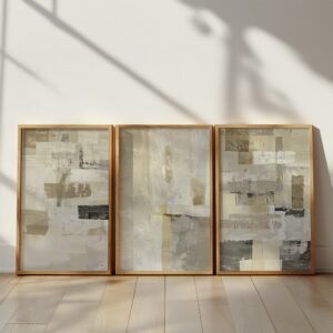 Three Minimalist Japanese Digital Wall Art prints in earthy tones leaning against a sunlit wall, evoking modern calm.