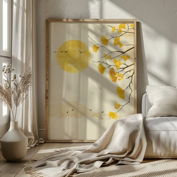 Large framed Japandi Ginkgo Art Autumn with golden leaves and a glowing sun, leaning on a wooden floor beside beige pillows and blanket.