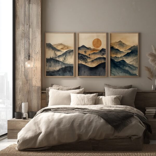Rustic bedroom with wooden accents and beige bed beneath three-panel Minimalist Japanese Landscape Art of misty mountains and a sun.