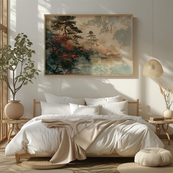 Bedroom with neutral bedding and earth-toned decor beneath a large Japandi Autumn Wall Art of misty trees. Soft sunlight enhances calm.