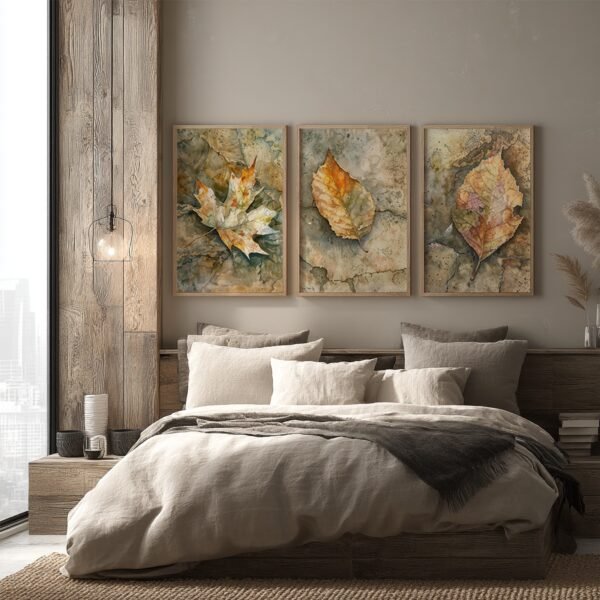 Earth-toned bedroom with wooden bed and layered beige and gray bedding. Above hangs Wabi-sabi Leaf Art autumn leaves triptych.