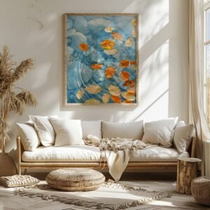 Cozy living room with beige sofa and cushions, framed Japandi Wall Art Autumn of leaves floating on rippling blue water above.