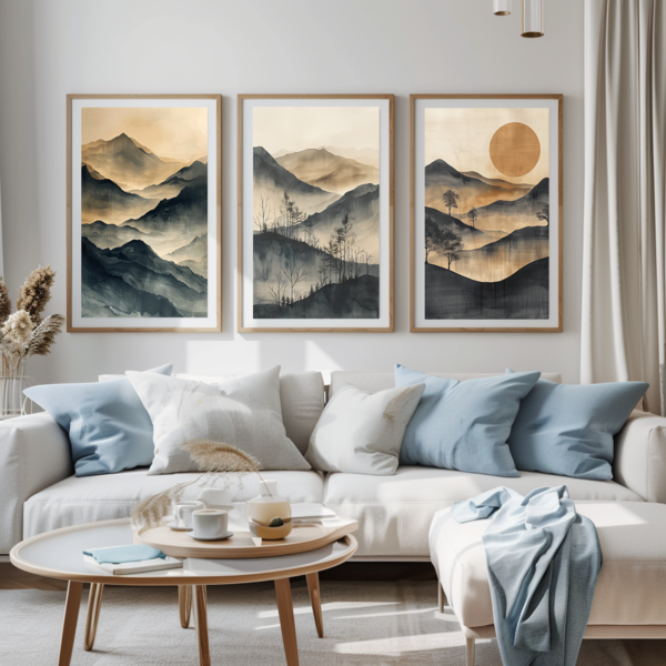 Three vertical minimalist Japanese landscape prints featuring foggy mountains. The artwork is in a light, modern living room with neutral decor and blue accents.