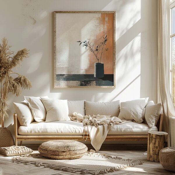 Sunlit boho living room with white couch, textured cushions, woven rug, and large Japandi Minimalist Wall Art vase painting on the wall.