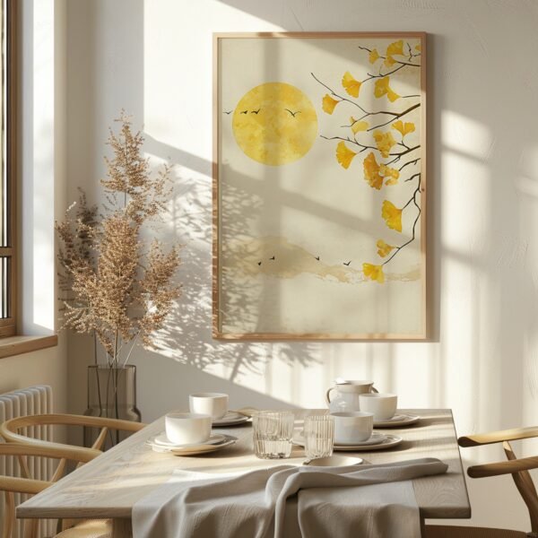 Sunlit dining room with wooden table set for four in white crockery, minimalist Japandi Ginkgo Art Autumn print of yellow leaves and a sun on the wall.