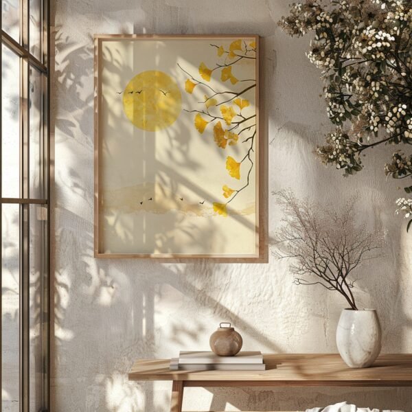 Bright room with framed Japandi Ginkgo Art Autumn painting of a golden sun and leaves, sunlight casting natural shadows.
