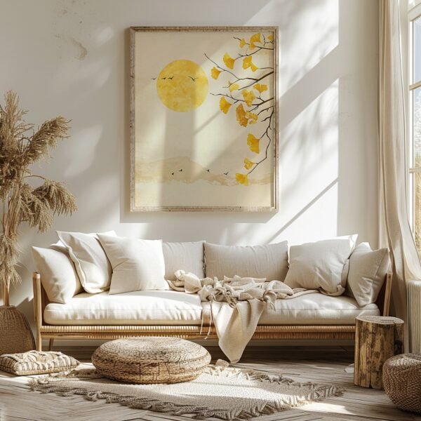 Cozy living room with white sofa, woven rug, pouf, and sunlit framed Japandi Ginkgo Art Autumn of yellow leaves and a sun.