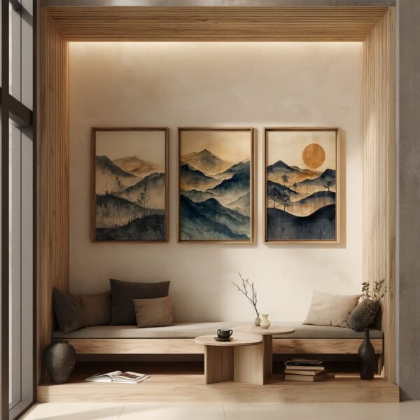 Wooden bench with cushions under three framed Minimalist Japanese Landscape Art prints of misty mountains and a glowing sun. Warm light enhances serenity.