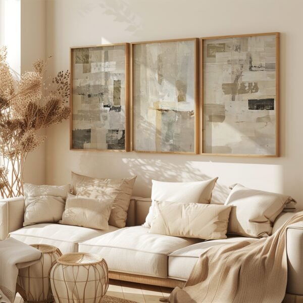 Beige sofa with plush pillows beneath three framed Minimalist Japanese Digital Wall Art pieces in a softly lit living room.