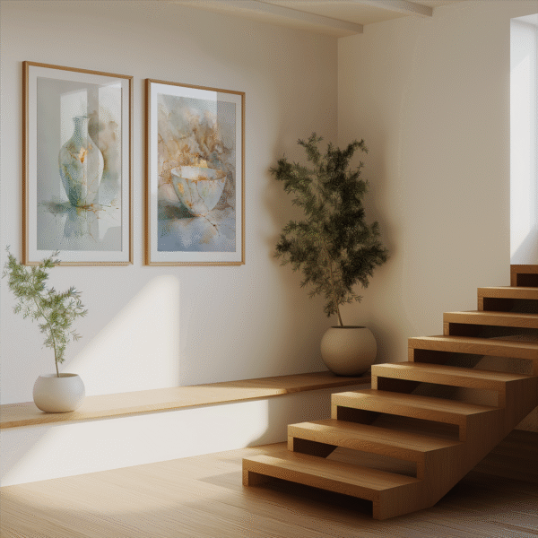 Wooden staircase with two framed Wabi Sabi Wall Art Set paintings of vases, complemented by potted plants in natural light.