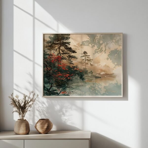Light wall with framed Japandi Autumn Wall Art of misty trees and red foliage, sunlight casting shadows on dresser with vases.