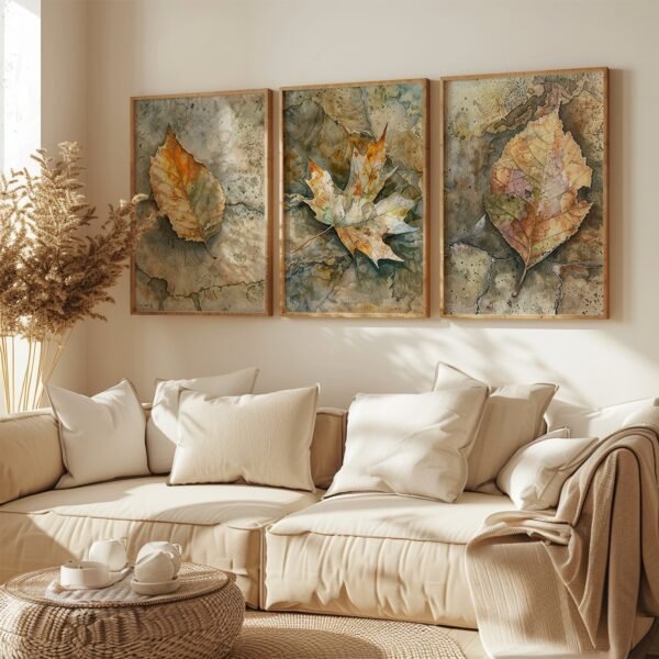 Beige sofa with pillows in a cozy living room, three framed Wabi-sabi Leaf Art autumn leaf paintings above, creating serene ambiance.