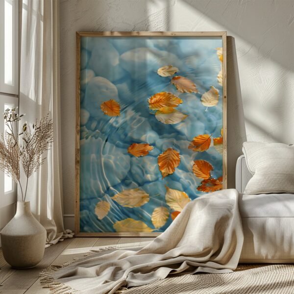 Large framed Japandi Wall Art Autumn leaning against a textured wall, showing orange leaves on water. Sunlight streams through nearby window.