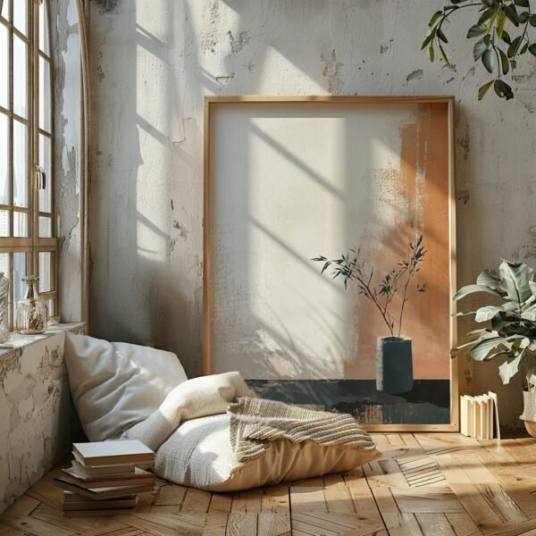 Large framed Japandi Minimalist Wall Art of plant illuminated by sunlight, with cushions and books creating a cozy nook.