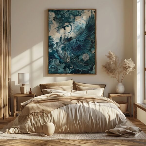 Beige bedroom with a framed Japanese Art Mystical Crane above the bed, featuring abstract blue bird details illuminated by natural light.