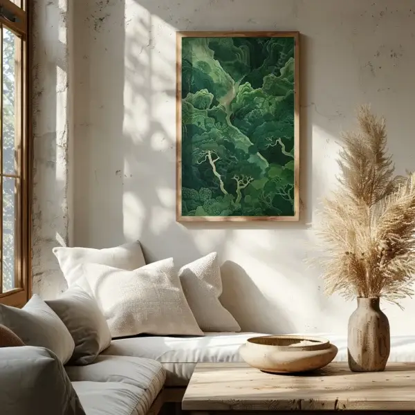A cozy corner with a cushioned white bench by a sunlit window, beige pillows, a wooden table with pampas, and Serene Sage Green Japandi Wall Art on the wall.