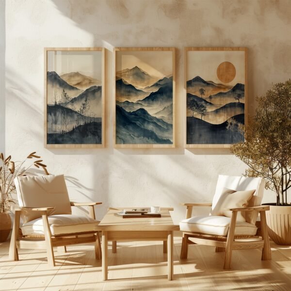 Cozy room with two wooden chairs and table, featuring three framed Minimalist Japanese Landscape Art mountain prints. Sunlight and plants create serenity.