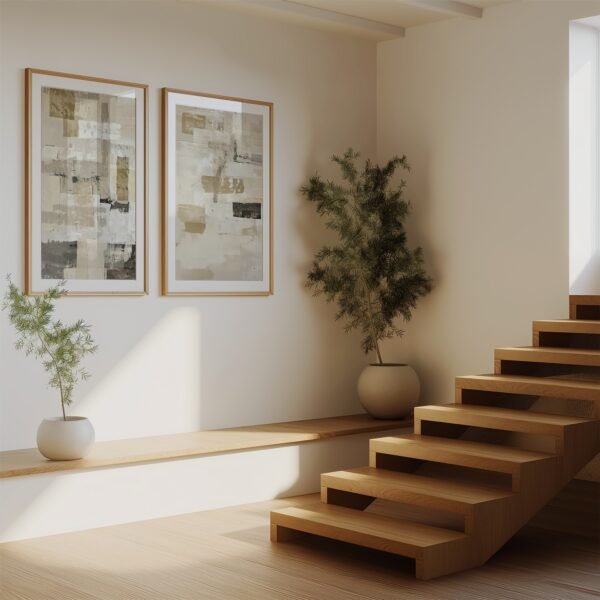 Beige wall with two framed Minimalist Japanese Digital Wall Art prints, complemented by wooden stairs and potted plants.
