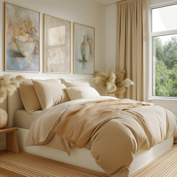 Cozy beige bed with pillows and blanket, framed by three Wabi Sabi Wall Art Set watercolor pottery paintings above, soft light filtering in.