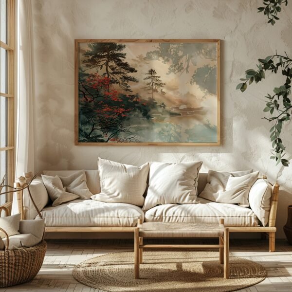 Beige sofa with cushions, wicker basket, and plants beneath a large Japandi Autumn Wall Art of a misty forest with green and red foliage.