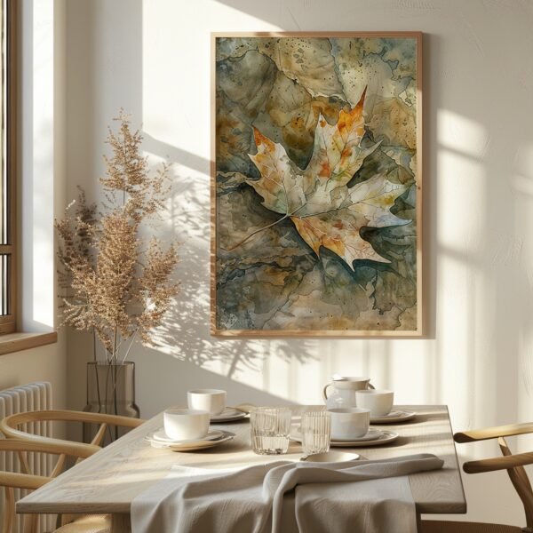 Sunlit dining room with wooden table for four, large Wabi-sabi Leaf Art maple leaf painting on wall, evoking autumn charm.