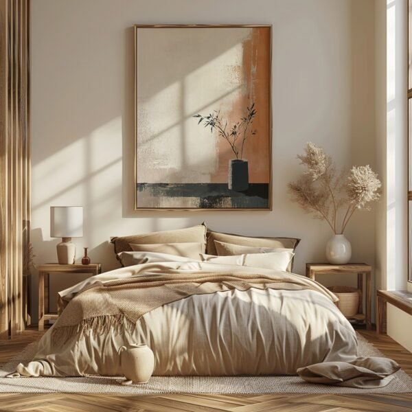 Cozy bedroom with beige bed and soft bedding, large abstract Japandi Minimalist Wall Art above, bathed in natural sunlight.