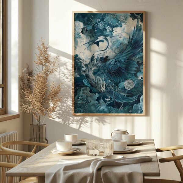 Light wooden tea table beneath a striking blue and white Japanese Art Mystical Crane artwork with clouds, softly lit by sunlight.