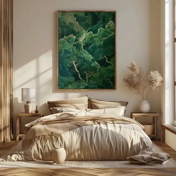 A cozy bedroom with neutral-toned bedding and warm lighting. A Serene Sage Green Japandi Wall Art hangs above, bringing a vibrant forest feel to the space.