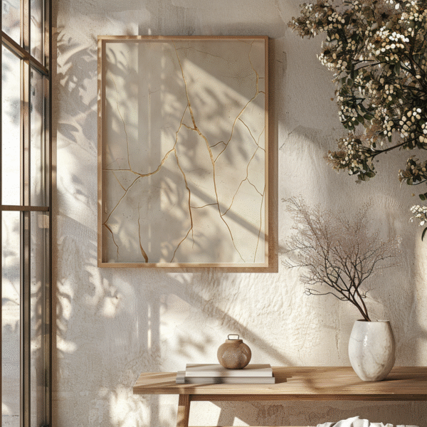 Single framed Wabi Sabi Wall Art Set artwork of cracked ceramic on a sunlit wall, wooden table with vase and books below.