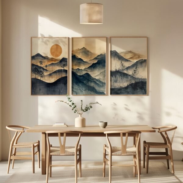 Modern dining room with wooden table, greenery in vase, and three framed Minimalist Japanese Landscape Art mountain paintings in soft sunlight.