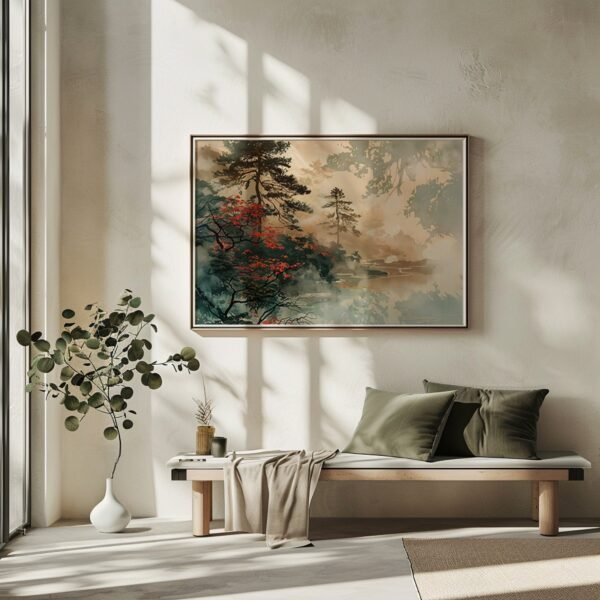 Minimalist living room with bench, green cushions, draped blanket, and large Japandi Autumn Wall Art of trees with soft sunlight and shadows.