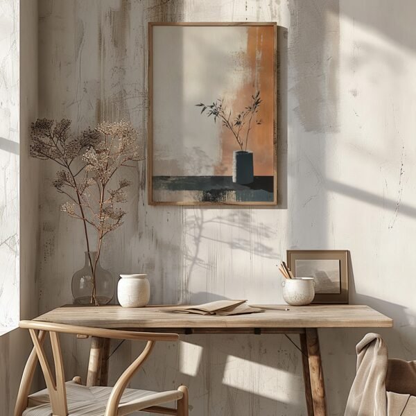 Minimalist dining room with framed abstract vase painting, table set with white dishes and linen cloth, sunlight casting soft warmth.