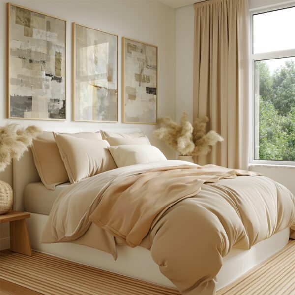 Plush beige bed with layered cushions beneath framed Minimalist Japanese Digital Wall Art paintings, with a window view of greenery.