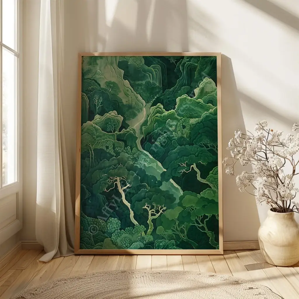 A framed Serene Sage Green Japandi Wall Art with abstract forest trees leans against a white wall. Dried flowers and sunlight enhance the serene setting.