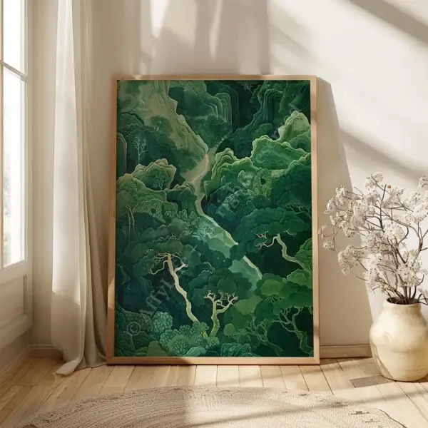 A framed Serene Sage Green Japandi Wall Art with abstract forest trees leans against a white wall. Dried flowers and sunlight enhance the serene setting.