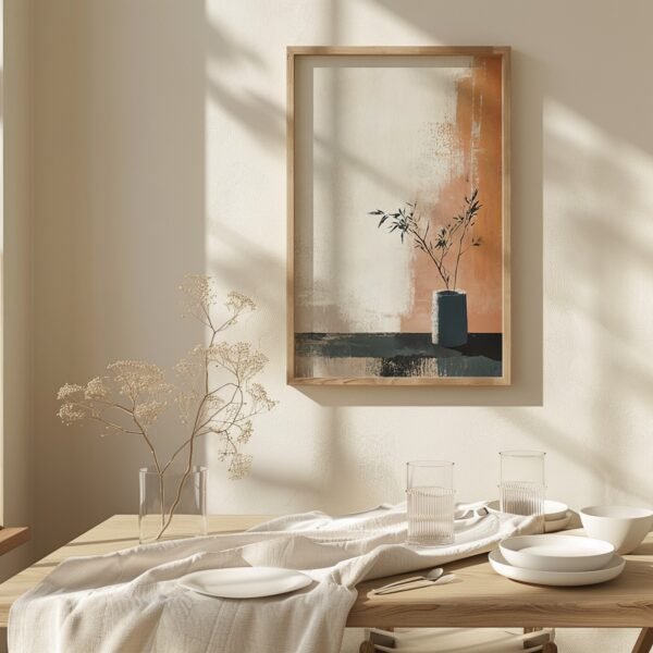 Sunlit dining area with wooden table set for two, white plates and glasses, minimalist Japandi wall art above, and dried flowers completing the look.