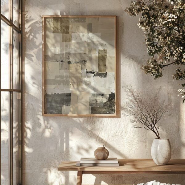 Abstract beige and gray Minimalist Japanese Digital Wall Art on wall above a wooden table with round vase, books, and delicate flowers.
