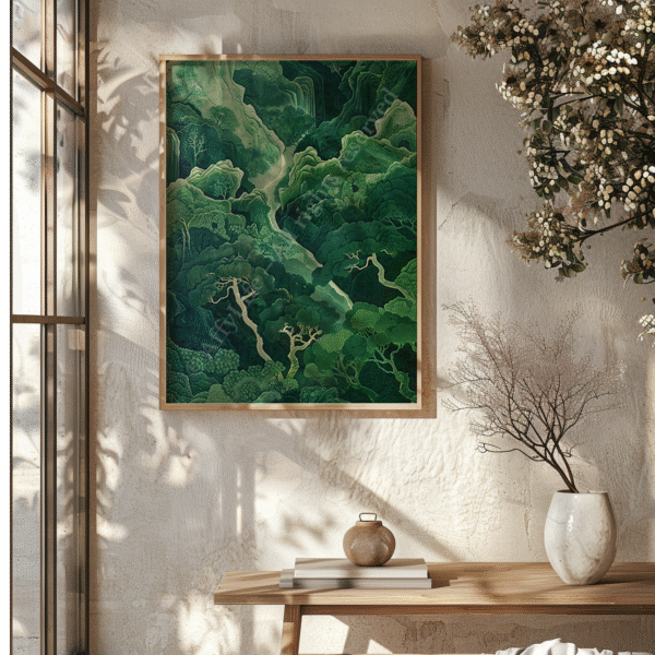 A sunlit room with a wooden bench and a sage green Japandi Wall Art print leaning against a white wall, styled with a leafy plant and ceramics.