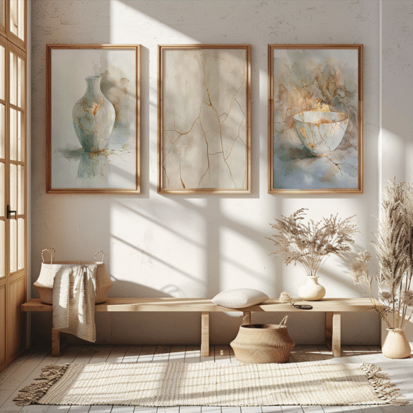 Sunlit room with three framed Wabi Sabi Wall Art Set pottery paintings, wooden bench with cozy textiles and dried plants.