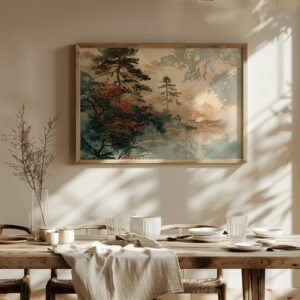 Sunlit dining room with wooden table set minimally, framed Japandi Autumn Wall Art of misty trees above, shadows on a neutral wall.