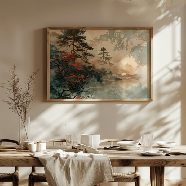 Sunlit dining room with wooden table set minimally, framed Japandi Autumn Wall Art of misty trees above, shadows on a neutral wall.