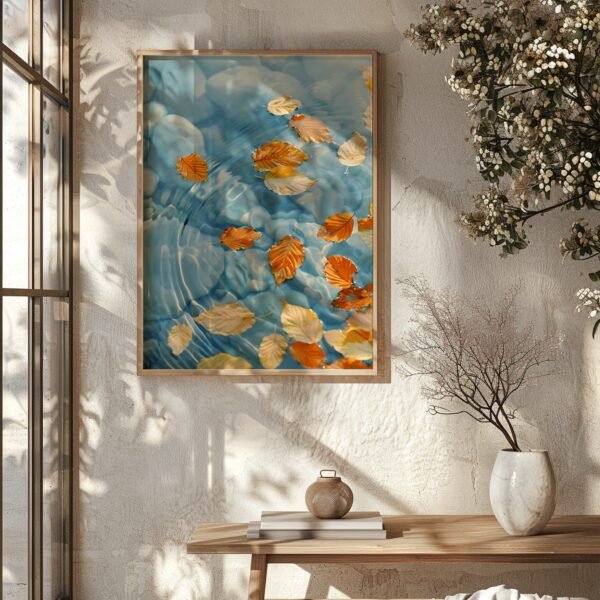 Framed Japandi Wall Art Autumn of autumn leaves on water, displayed on a textured wall with sunlight casting gentle shadows.